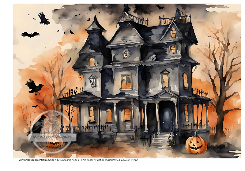 Haunted house and black ravens wiht pumpkins Rice Paper from Decoupage Central