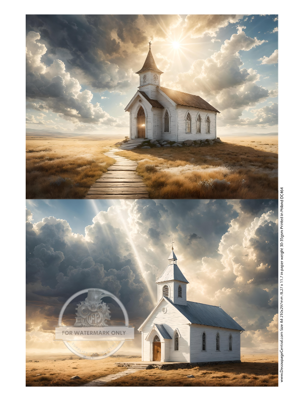 two pictures of country churches on a hill with a sunburst in the cloudy sky above Decoupage Central Rice Paper