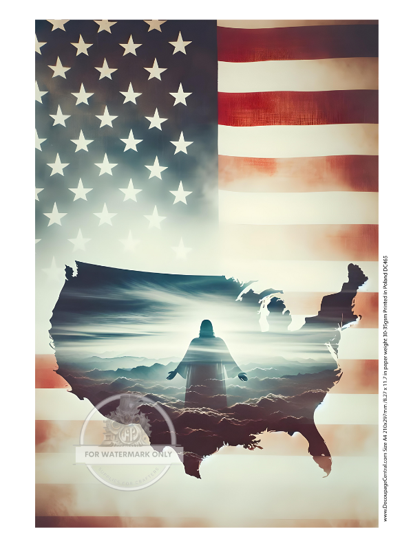 an image of Jesus in the clouds over the shape of the United States with a background of the American Flag Decoupage Central Rice Paper