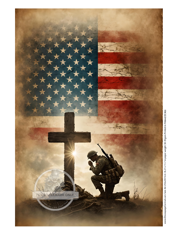 image of soldier kneeling praying to a cross with an american flag in background Decoupage Central Rice Paper
