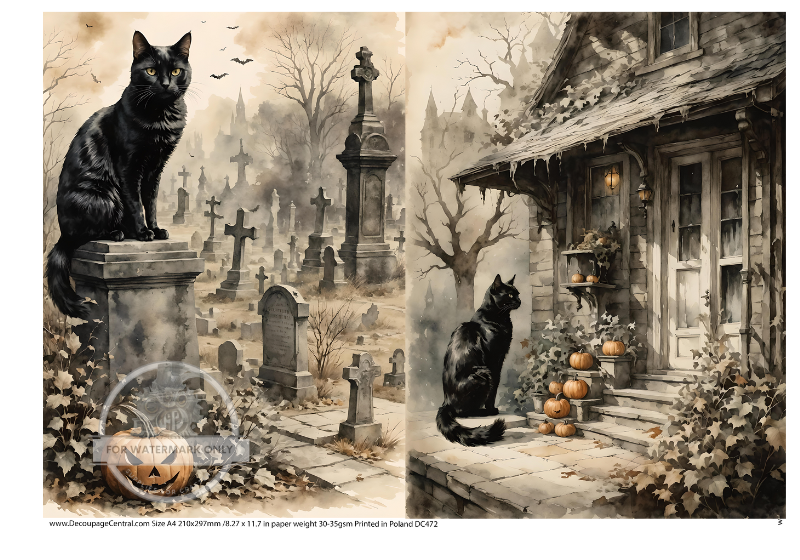 black cat in cemetery and old house Rice Paper from Decoupage Central 