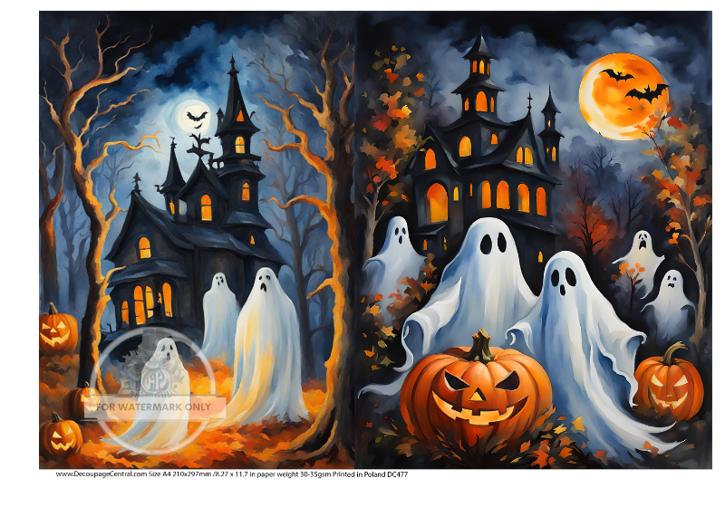 ghosts and haunted house with pumpkins Rice Paper from Decoupage Central