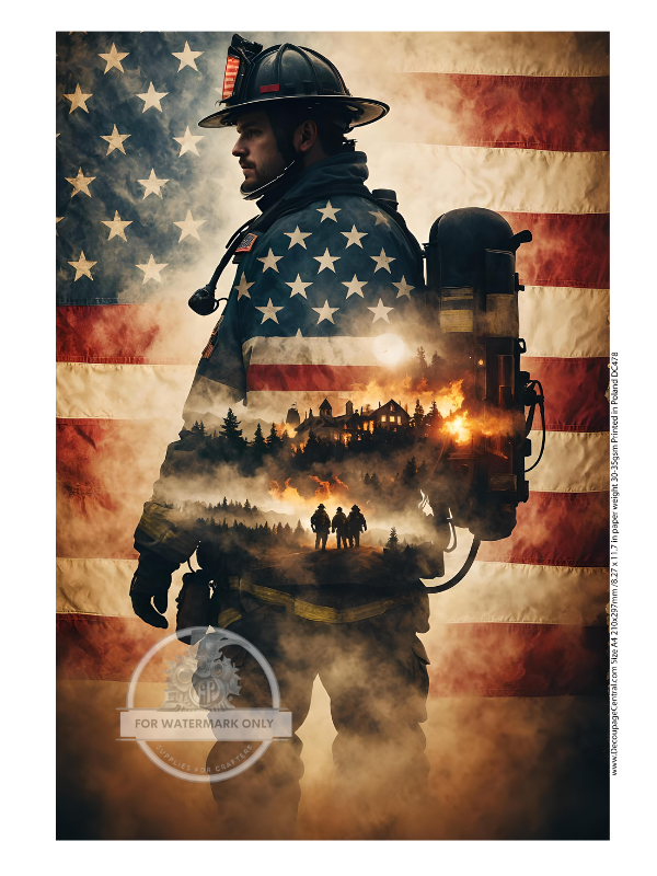 Firefighter over the american flag Rice Paper from Decoupage Central