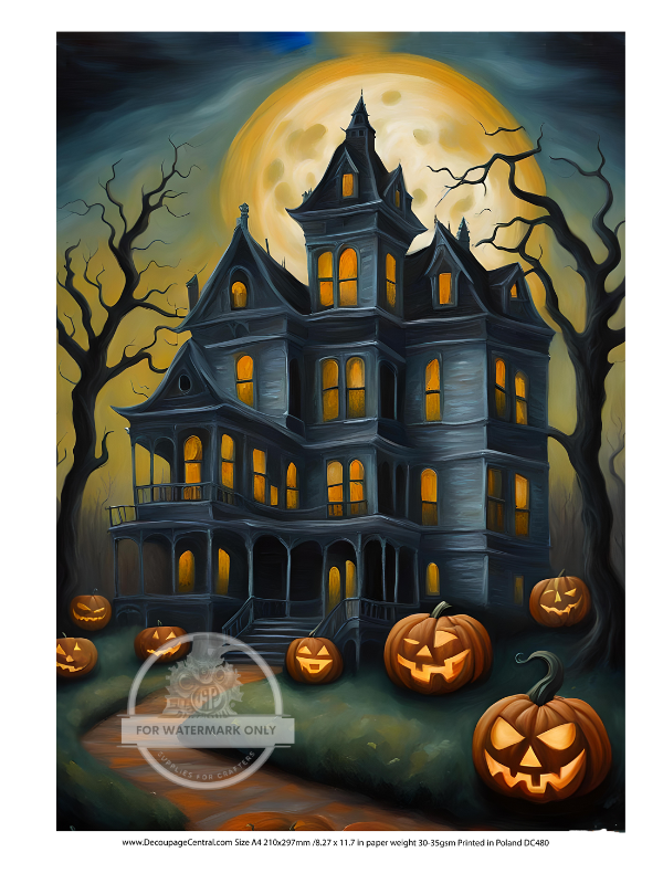 haunted house with full moon and pumpkins at night Rice Paper from Decoupage Central