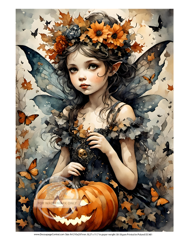 young fairy in black with pumpkin Rice Paper from Decoupage Central