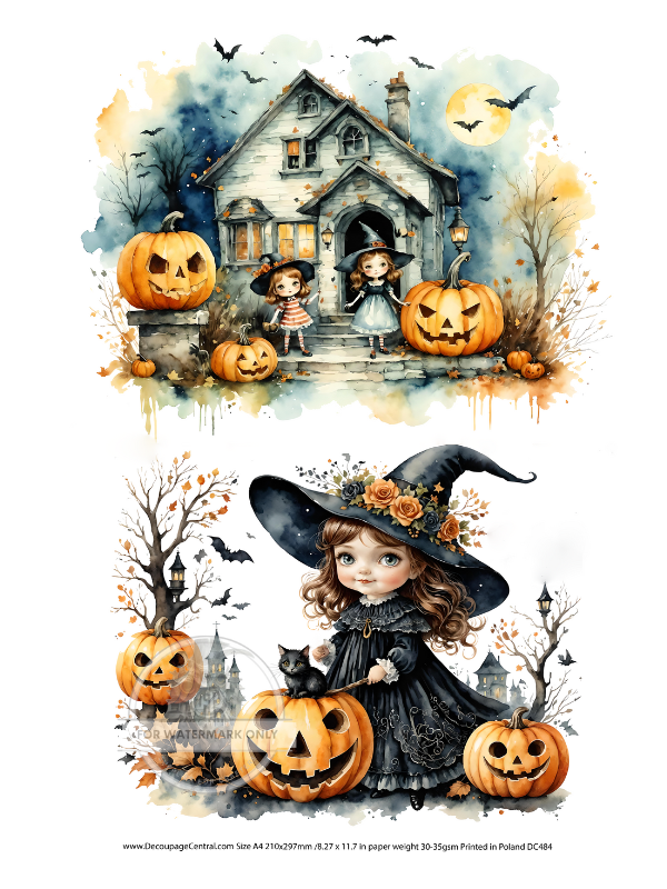 young girl witches with pumpkins Rice Paper from Decoupage Central