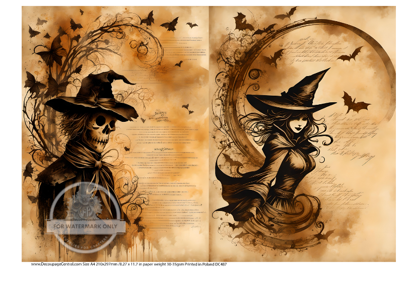 skeleton and witch on sepia with script Rice Paper from Decoupage Central