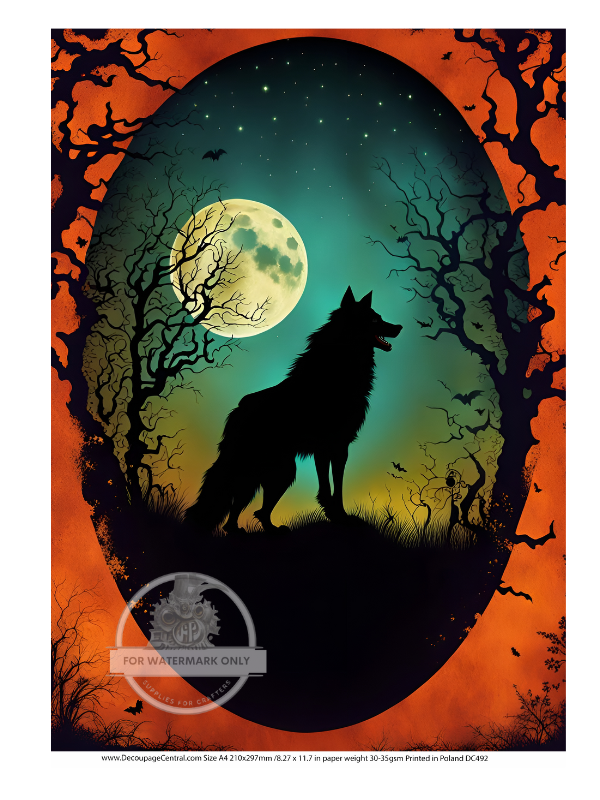 silhouette of wolf and moon on orange halloween frame Rice Paper from Decoupage Central 