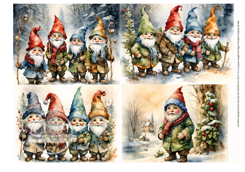 hiking christmas gnomes in the snow Rice Paper from Decoupage Central