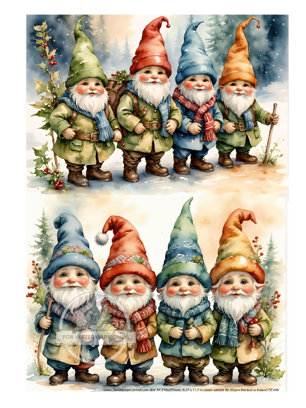 christmas gnomes hiking in the woods in the snow Rice Paper from Decoupage Central