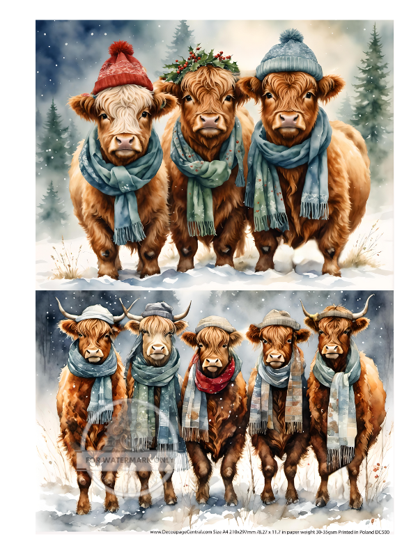 highland cows in winter hats and scarfs Rice Paper from Decoupage Central