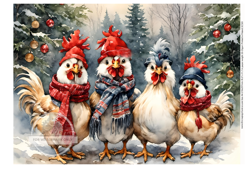 chickens in winter hats and scarfs Rice Paper from Decoupage Central