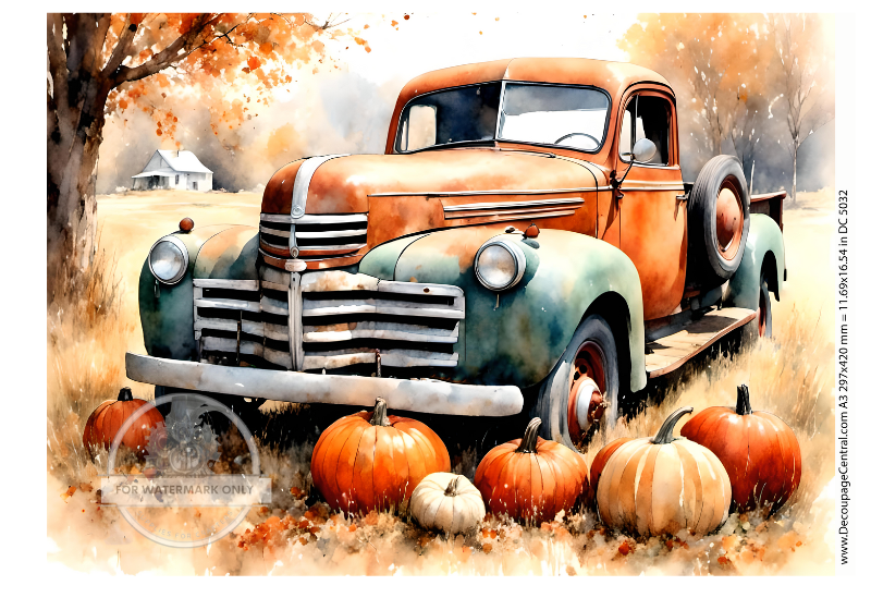 orange and green truck with pumpkins in fall field Rice Paper from Decoupage Central