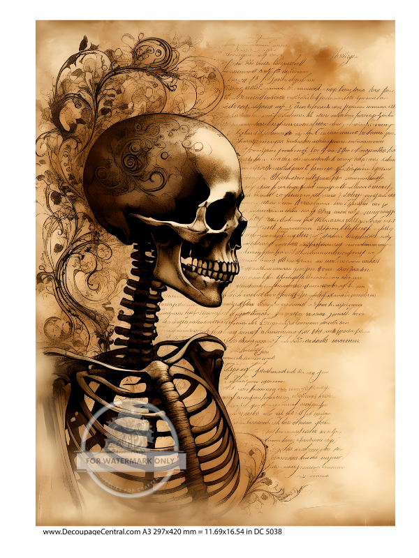 Skeleton on sepia and script Rice Paper from Decoupage Central