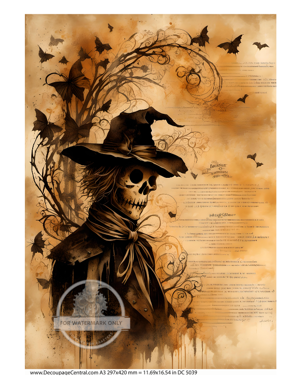 skeleton Scarecrow on sepia paper and script Rice Paper from Decoupage Central