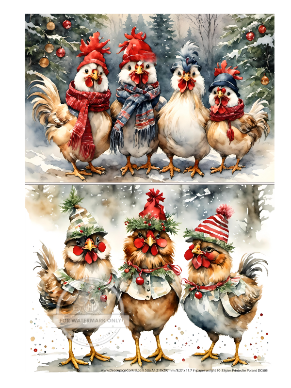 chickens in christmas hats and scarfs in snow Rice Paper from Decoupage Central