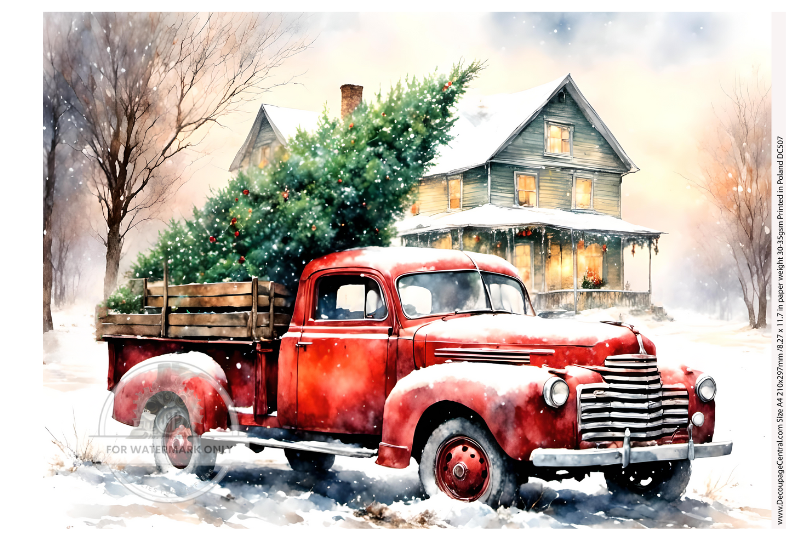 red truck with christmas tree in front of country house in snow Rice Paper from Decoupage Central