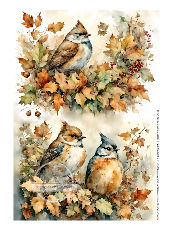 brown birds with autumn leaves on branches Rice Paper from Decoupage Central