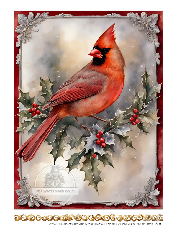 Red Cardinal on holly branch Rice Paper from Decoupage Central