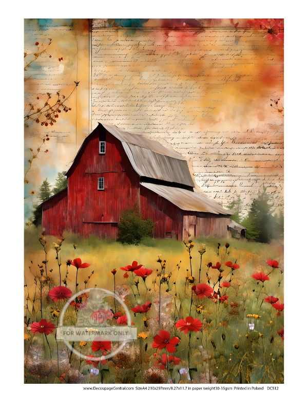 red barn and wild flowers with script Rice Paper from Decoupage Central