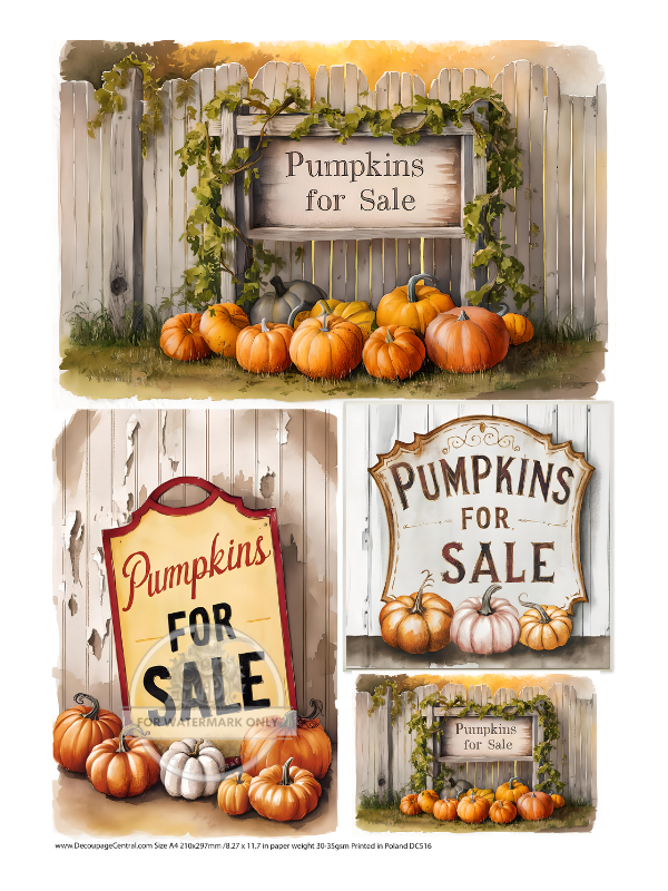 Pumpkins for sale next to white washed fences Rice Paper from Decoupage Central