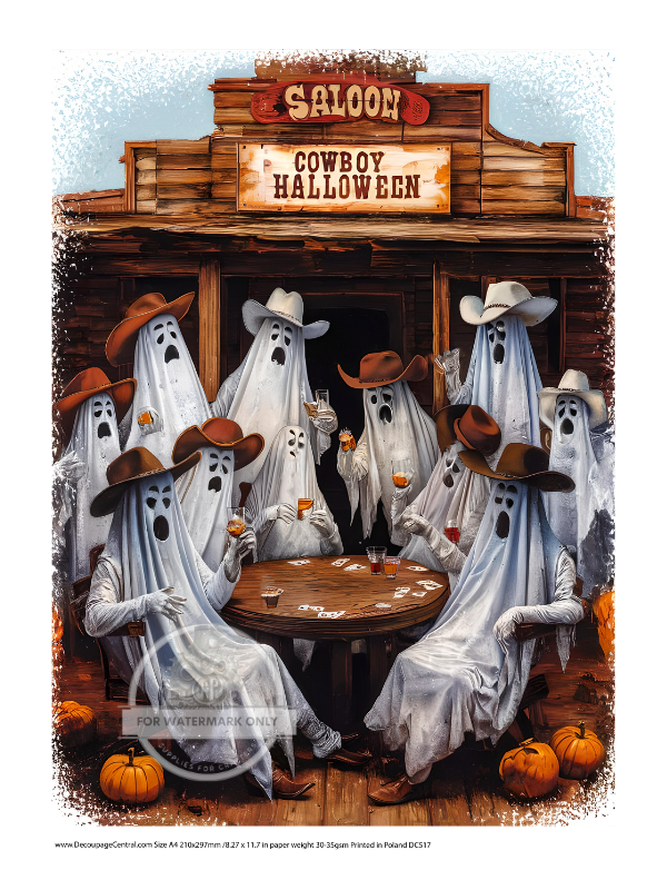 Cowboy ghosts playing poker at saloon Rice Paper from Decoupage Central