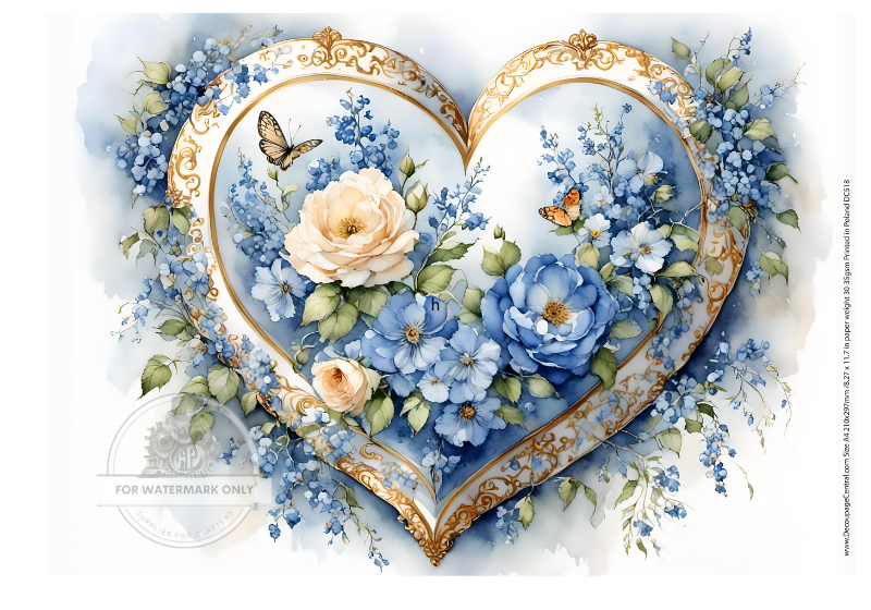 Blue and White flowers in heart frame Rice Paper from Decoupage Central