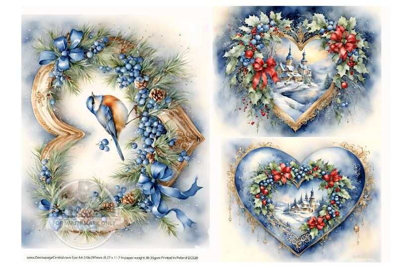 Blue bird in heart wreaths and snowy churches Rice Paper from Decoupage Central