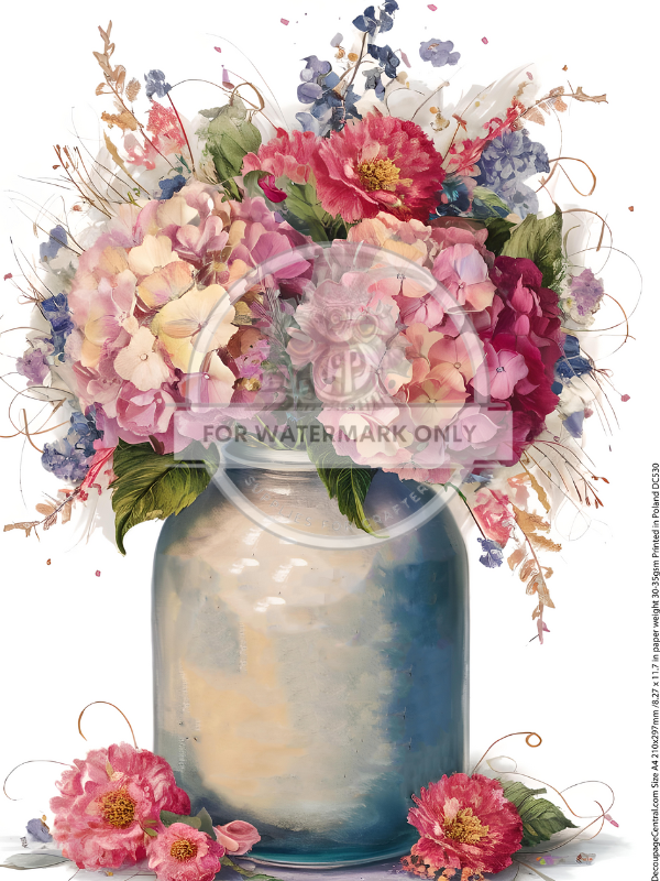 Pink hydrangeas in large grey pot on rice paper by Decoupage Central.