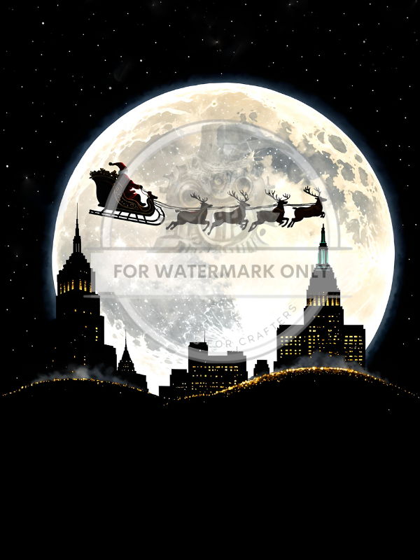 Large white and yellow moon with city scene at bottom and santa and sleigh flying over. Night time setting on rice paper by Decoupage Central.