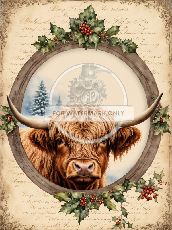 Higland cow in vintage frame covered in christmas greenery on sepia background on rice paper by Decoupage Central.