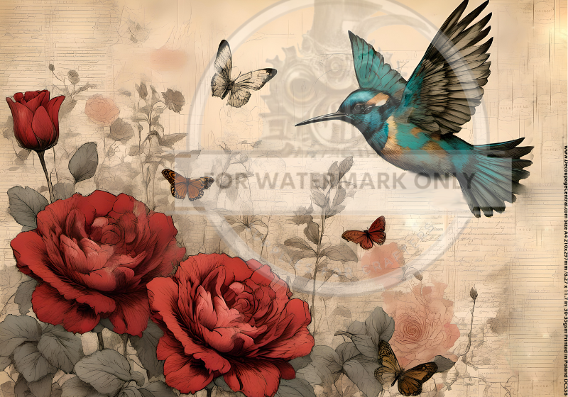 Teal hummingbird hovering over red roses with sepia background on rice paper by Decoupage Central.