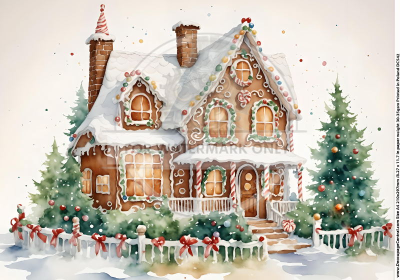 Gingerbread house in winter with snow and christmas trees in yard on rice paper by Decoupage Central.