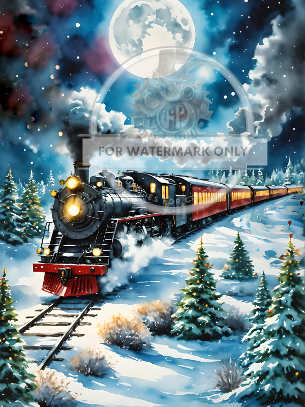 Nighttime scene of train at night in snow with surrounding christmas trees. Large moon and stars on rice paper by Decoupage Central.