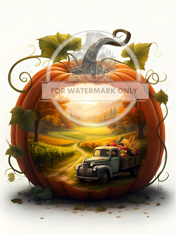 Country truck autumn scene in center of pumpkin on rice paper by Decoupage Central.