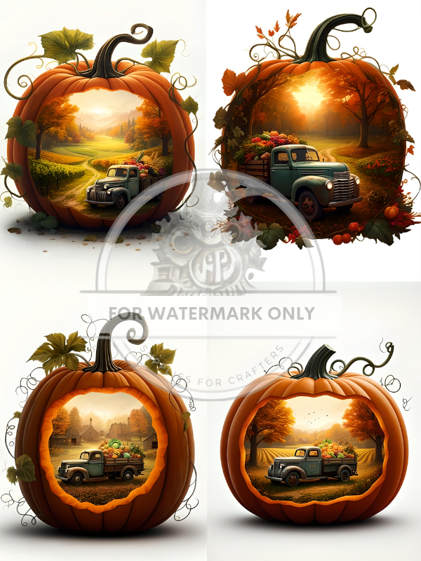 4 scenes of green country truck inside center of golden pumpkin on rice paper by Decoupage Central.