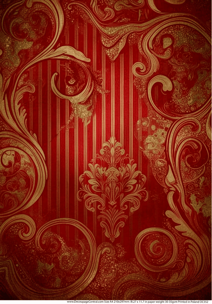 Red and Gold striped filagree pattern on rice paper by Decoupage Central.