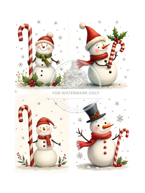 4 scenes of Snowman & Candy cane on rice paper by Decoupage Central