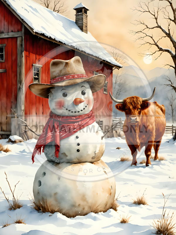 Western snow scene on farm with Snowman wearing cowboy hat and red bandana with highlander cow.