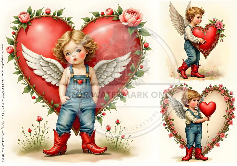 3 images of big red hearts with cupid child in blue overalls and red boots. Rice paper.