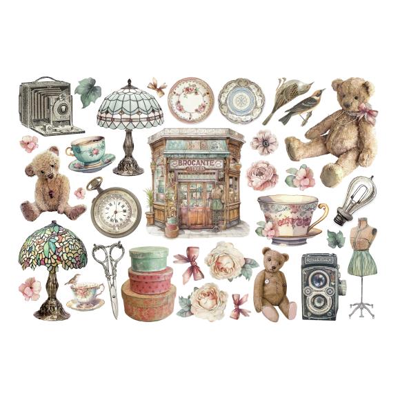 Brocante Antiques adhesive paper cut outs by stamperia. Vintage elements including lamp, teddy bear, teacup, camera, flowers, birds and more.