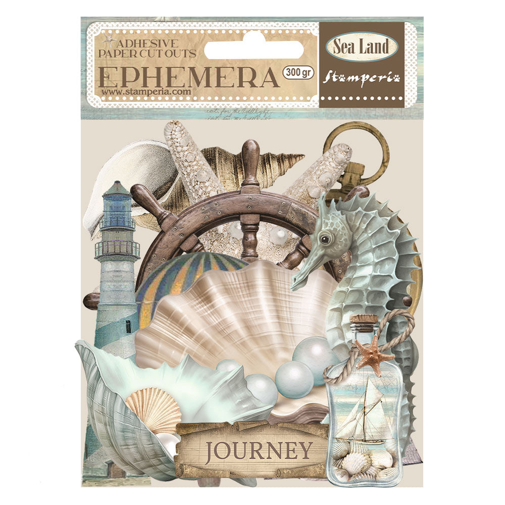 Stamperia Cardstock Ephemera Adhesive Paper Cut Outs with nautical theme of seahorse, shells, anchor, ship, lighthouse.