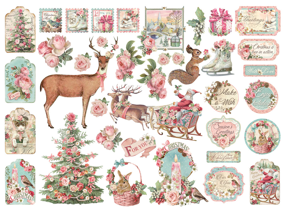 Pink Christmas icons Santa deer christmas tree and roses. Stamperia Die Cuts