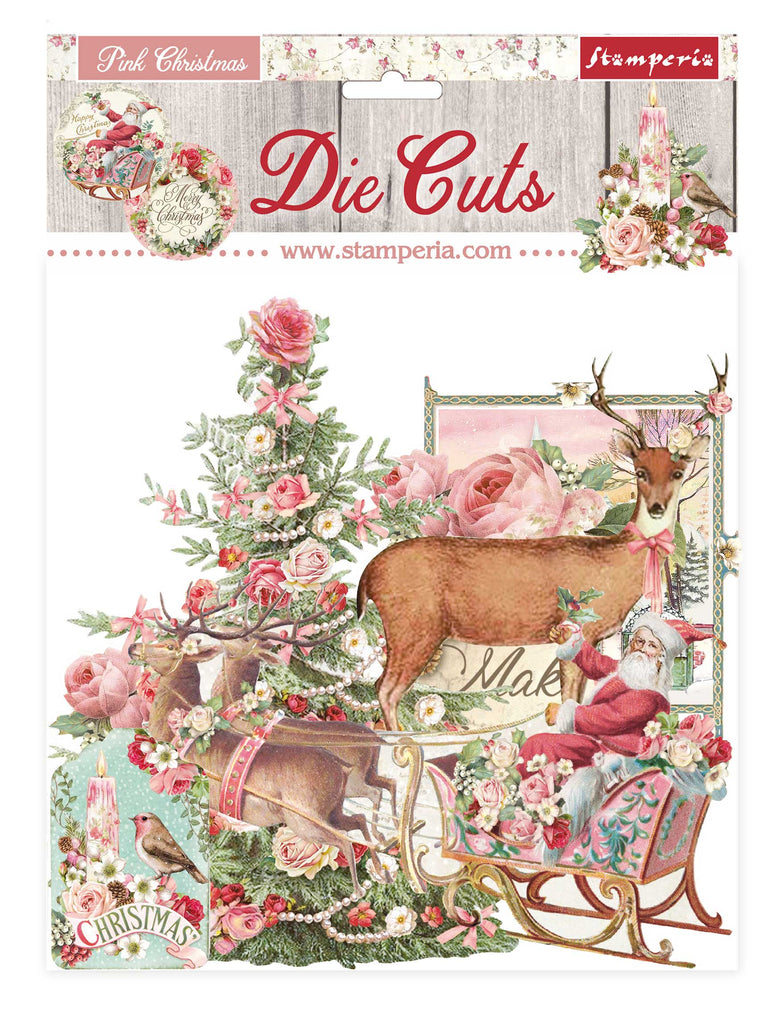 Pink Christmas icons Santa deer christmas tree and roses. Stamperia Die Cuts