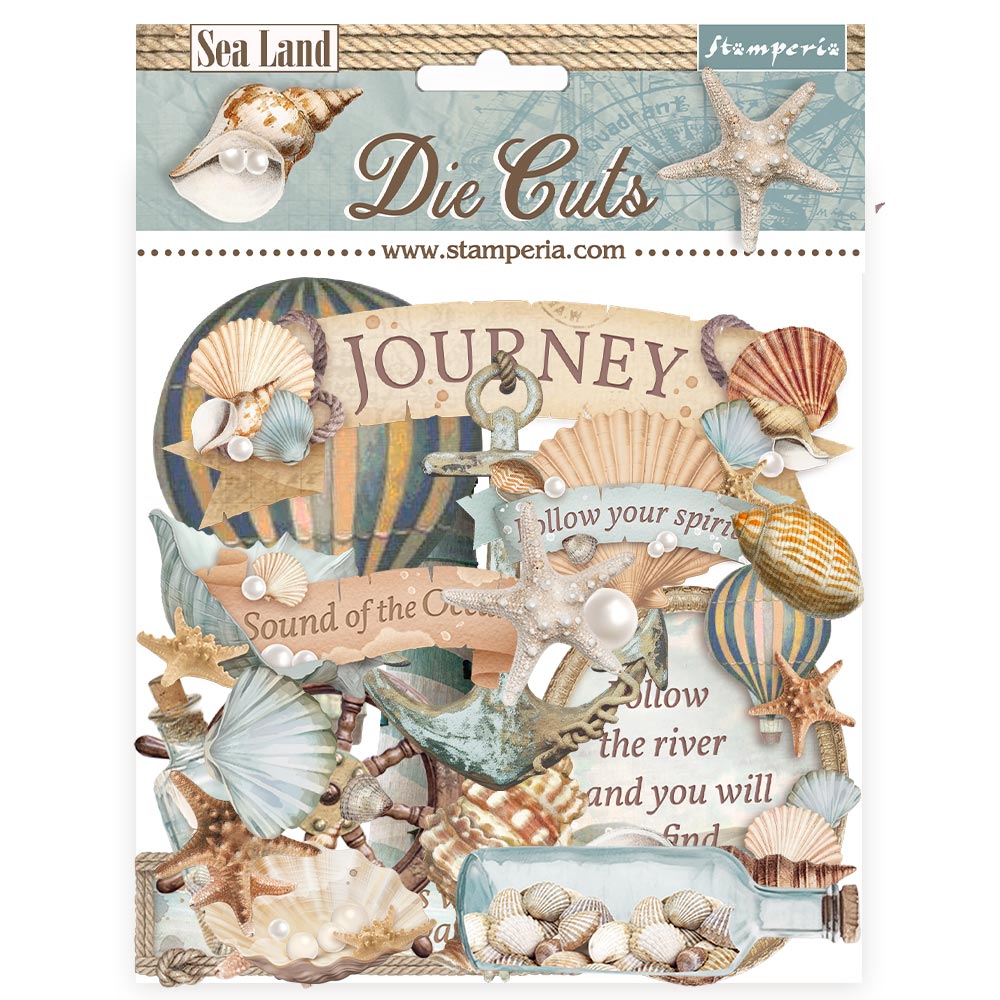 Stamperia Sea Land Assorted Die Cuts with sea shells, coral, hot air ballon, starfish, anchor and more.