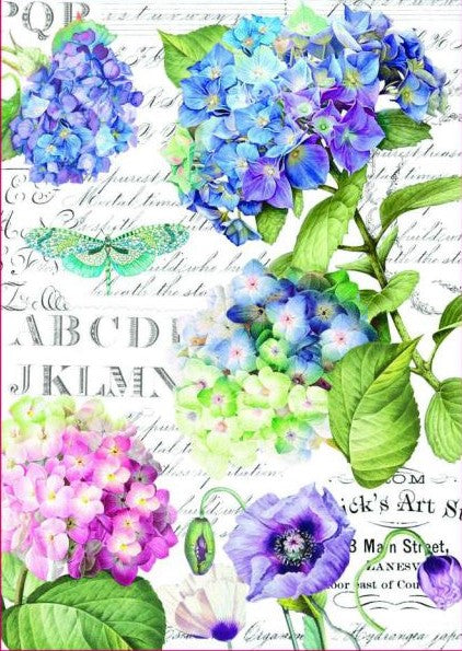 blue and purple hydrangeas with bright green leaves and green butterfly on tan with script Stamperia A4 Rice Paper for Decoupage
