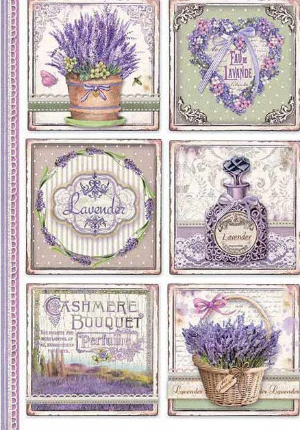 purple lavender in flower pot, heart wreath, sign, bottle , and basket Stamperia A4 Rice Paper for Decoupage