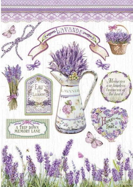 purple lavender flowers in pot on signs and in heart wreath Stamperia A4 Rice Paper for Decoupage