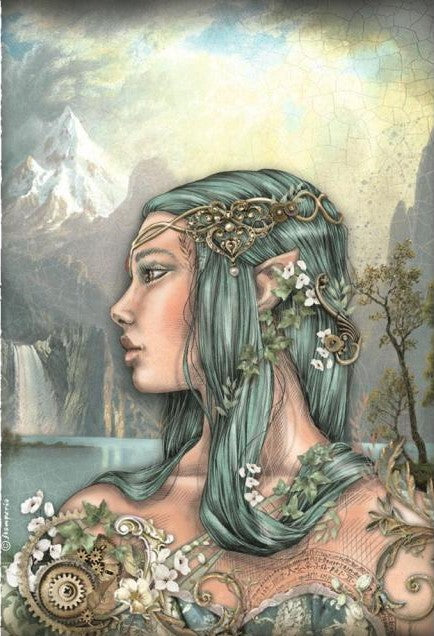 Elf queen with blue hair in front of lake and mountain with waterfall Stamperia A4 Rice Paper for Decoupage