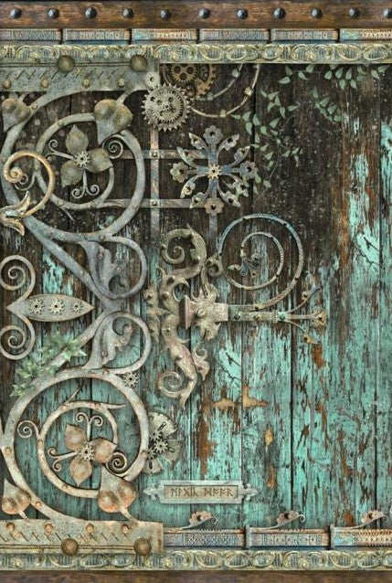 bluish green weathered door with ornate metal work Stamperia A4 Rice Paper for Decoupage